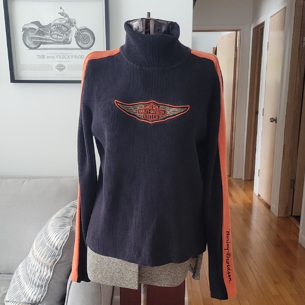 Harley-Davidson Sweater Large Black & Orange Vintage